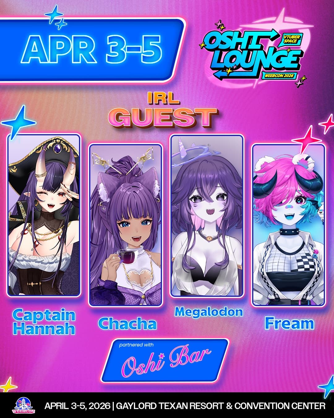 ✨OSHI LOUNGE✨

👋oh hi chat! 
We are back with more VTubers AND IRL talents 🤌🏼

Before you know it you’ll go from watching the stream at work to meeting your Oshi IRL and feeling thankful you got your badge early to- 

⛅️WeebCon 2026 ⛅️
