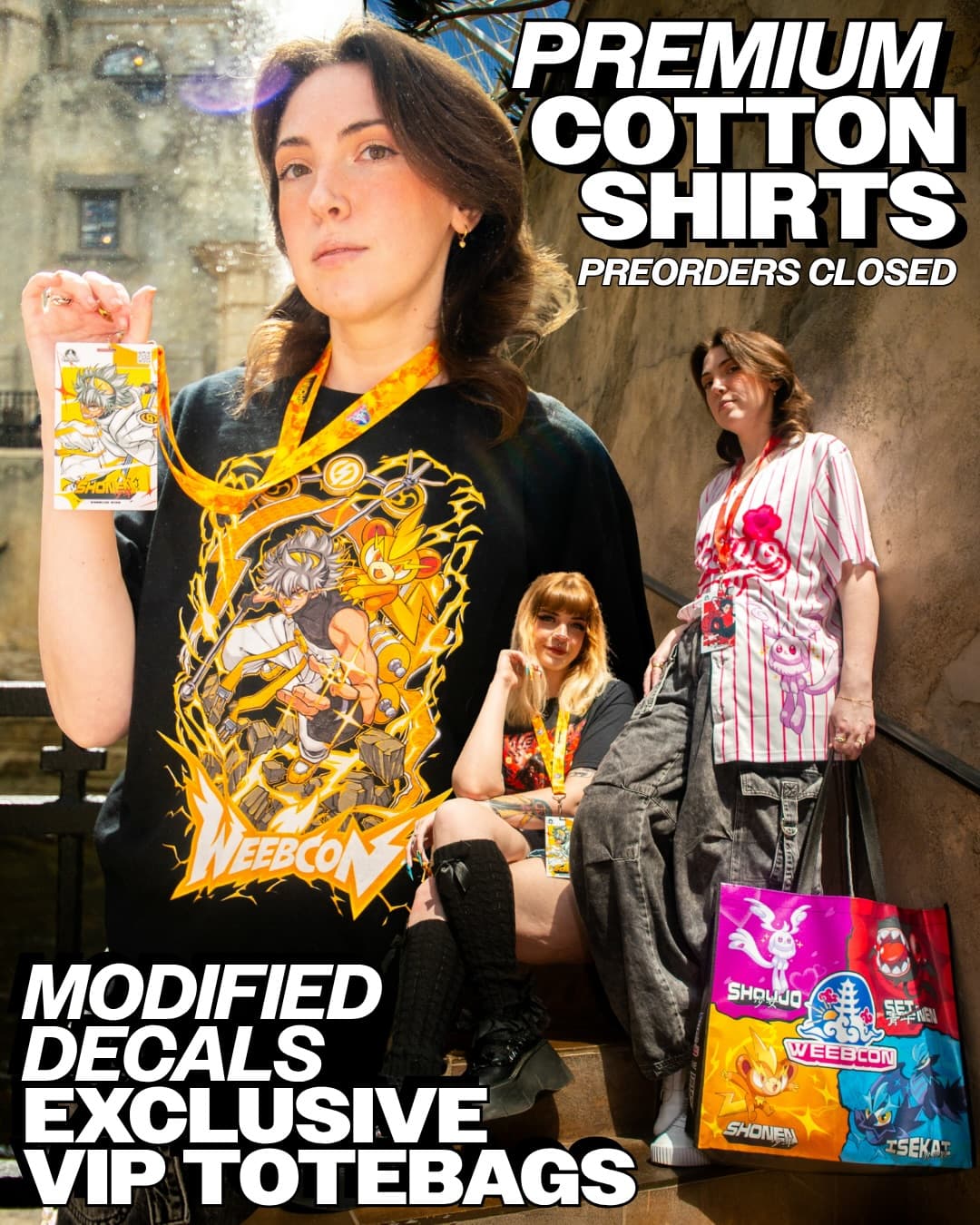 🌟WEEBCON MERCH🌟

🫵🏼 You would look good in some faction colors.

Many are running low, and T-shirt pre-orders have already closed (Don't worry Plot Armor & VIW your shirts are still secured 🫡 ) You can secure these the same place you get badges..what… you got your badges right? 🫶 

Photographer: 
📸: @migl.img 

Models: 
⚡️ @daniellesgalaxy 
💖 @hex.momtanna 
💪 @el_nwosu 

Rep your Factions in more ways than one, see you next week at - 

 🌥️WeebCon 2026 🌥️