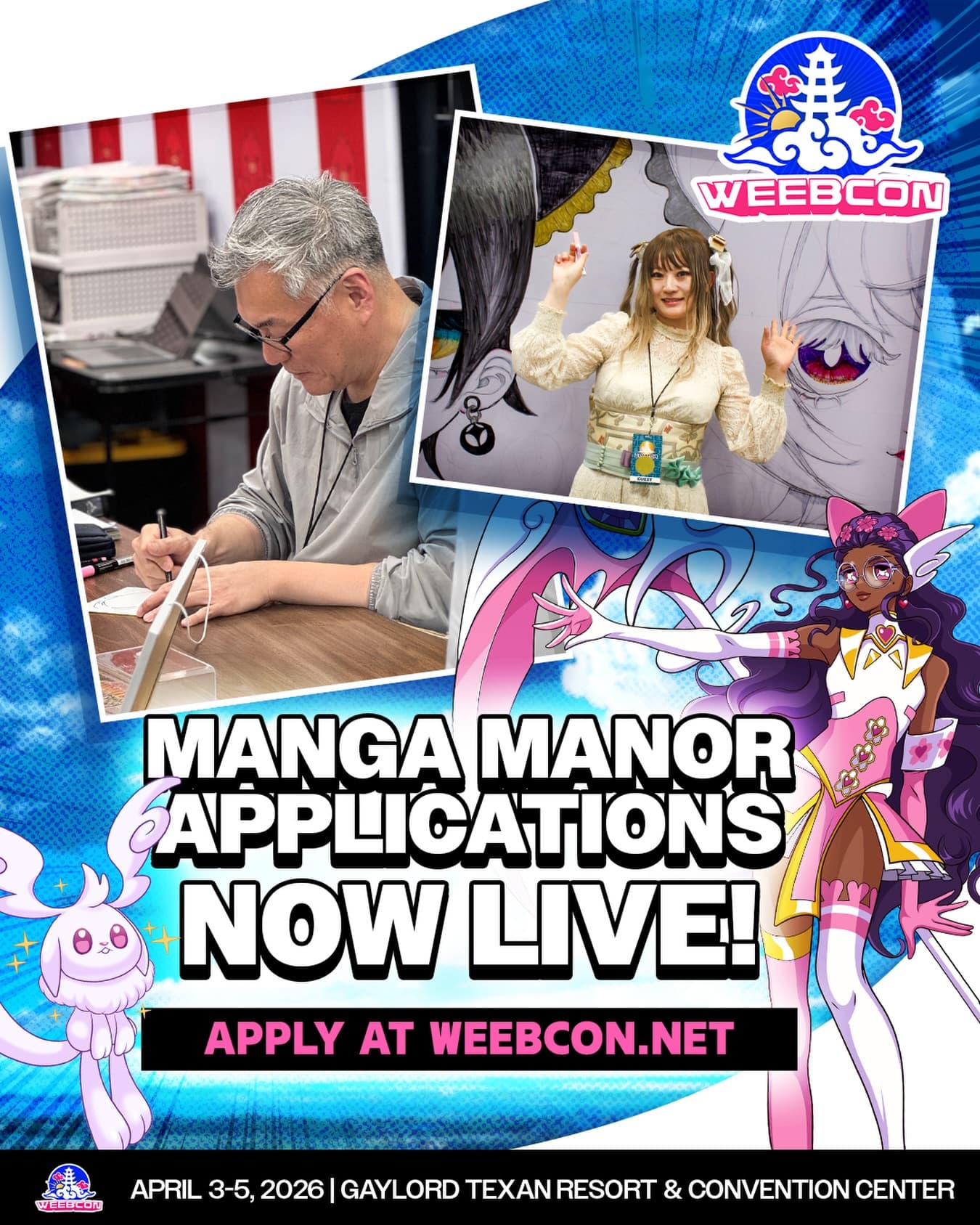 🗣️MANGA ARTISTS WYA??? 

We created a dedicated space for up-and-coming manga artists to show their original stories and gain new fans!

But wait there’s more - on top of it being FREE to showcase and sell your original work, Manor Artists also have a chance to win sponsored @huion_business gear:

🏆Best in Show: Kamvas 13 Gen 3
💥 Best Booth Presentation: Kamvas Slate 11
📚Rising Star Award: Huion Note
and 👏more👏

Apply now at:
👉 WeebCon.net → Applications → Manga Manor

It’s time to un-shrimp your back, and join us at - 

⛅️ WeebCon 2026 ⛅️