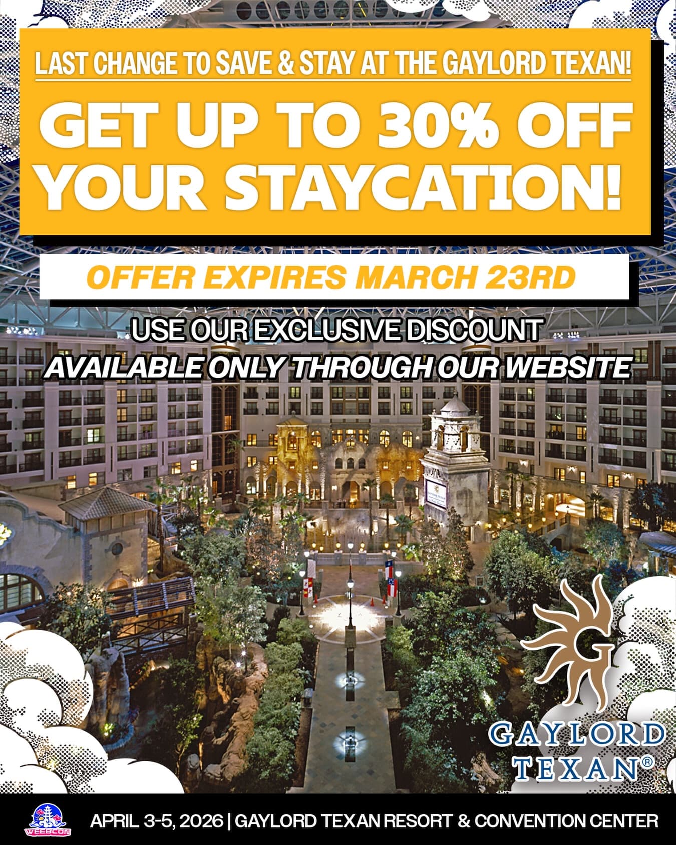 We have been in the TRENCHES fighting for you last minute Weebs 🫡 

Heres a Pro Tip: You don’t HAVE to have a 3Day Pass to stay the weekend at the hotel 🤫 
Treat yourself to a Staycation you DESERVE. We all know con crunch rn is REAL. 

Use the link in our bio to get your discount from now til March 23rd! 

SO, If you are looking for a sign to sleep in an extra hour, store all your cosplay and precious merch safely while not having to walk back to a parking lot in the Texas heat (IKYK) this is your last chance to do so before- 

 🌥️WeebCon 2026 🌥️