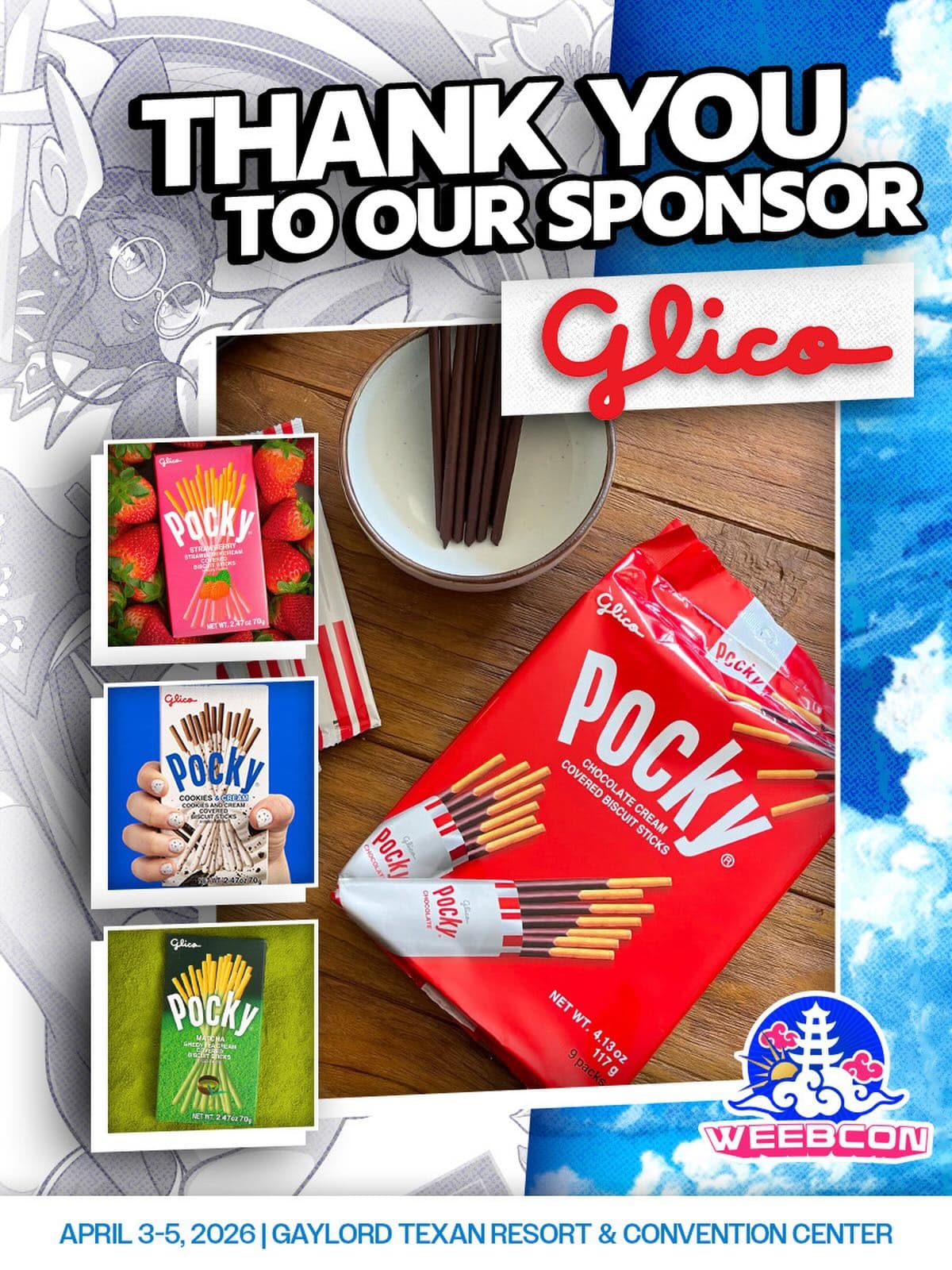 🌟 SHOW SPONSOR🌟 

We wanted to proudly thank one of our show sponsors, @pockyusa ! Glico is a Japanese food company best known internationally for iconic snack brands such as Pocky, Pretz, and Pejoy - and now part of WeebCon history  🙌 

Countdown to WeebCon Weekend is here  🙇‍♂️
