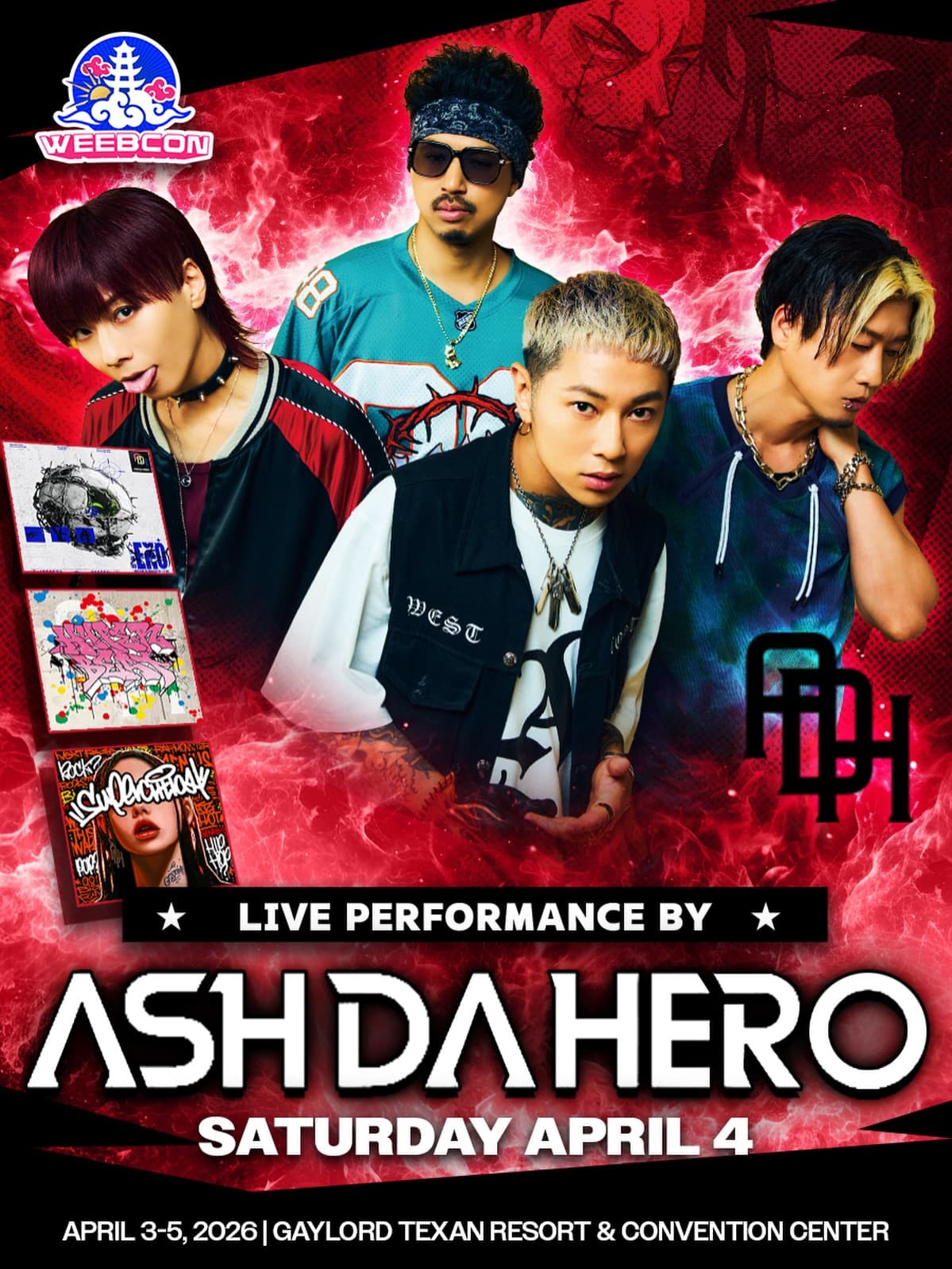 ‼️ EVENT SHOWCASE‼️

Powerhouse punk rock band ASH DA HERO is catching a flight from Tokyo to Dallas 🛫🛬

You might know their songs: “Judgement,” the 2nd opening theme for Blue Lock, as well as “Beast Mode” and “Octave” featured in the movie “Blue Lock: Episode Nagi” in 2024. 

Ash Da Hero will also be hosting a Meet & Greet after their show - what could make this even better? Did we mention this is a FREE Concert any badge holder can attend? YEAH. No additional ticket required. 

Grab your badge using the link in our bio, headbang at the concert ‘til your Ego’s satisfied, and get ready for a weekend you won’t forget at- 

⛅️ WeebCon 2026 ⛅️