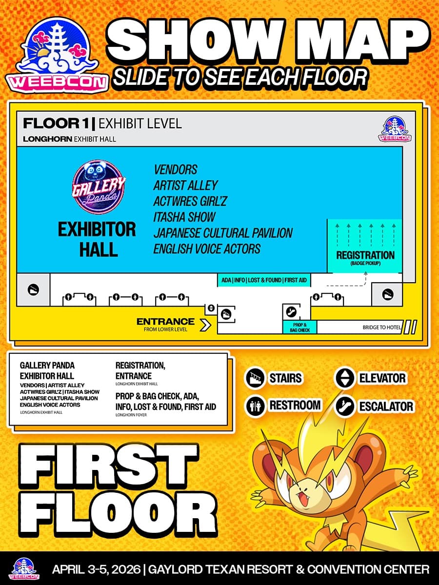 ⛅️SHOW MAP ⛅️
Almost 10 Days from now you will be exploring WeebCon 2026 at the Stunning Gaylord Texan Resort & Convention Center!
We diversified what it means to be a Weeb this year! Our show is packed with non stop programming, exclusive International Guests & Performers, activities, workshops, arcade games, and of course, an absolutely photo perfect venue 🌥️
*Note: Not all entrances and exits are noted in the map, locations maybe subject to change prior to the show
Early Badge Pick-Up starts tomorrow and so does all the last minute panic buying of badges. Heed the warnings, and don’t get caught watching from the outside looking in while everyone else is living it up at-
⛅️WeebCon 2026⛅️
