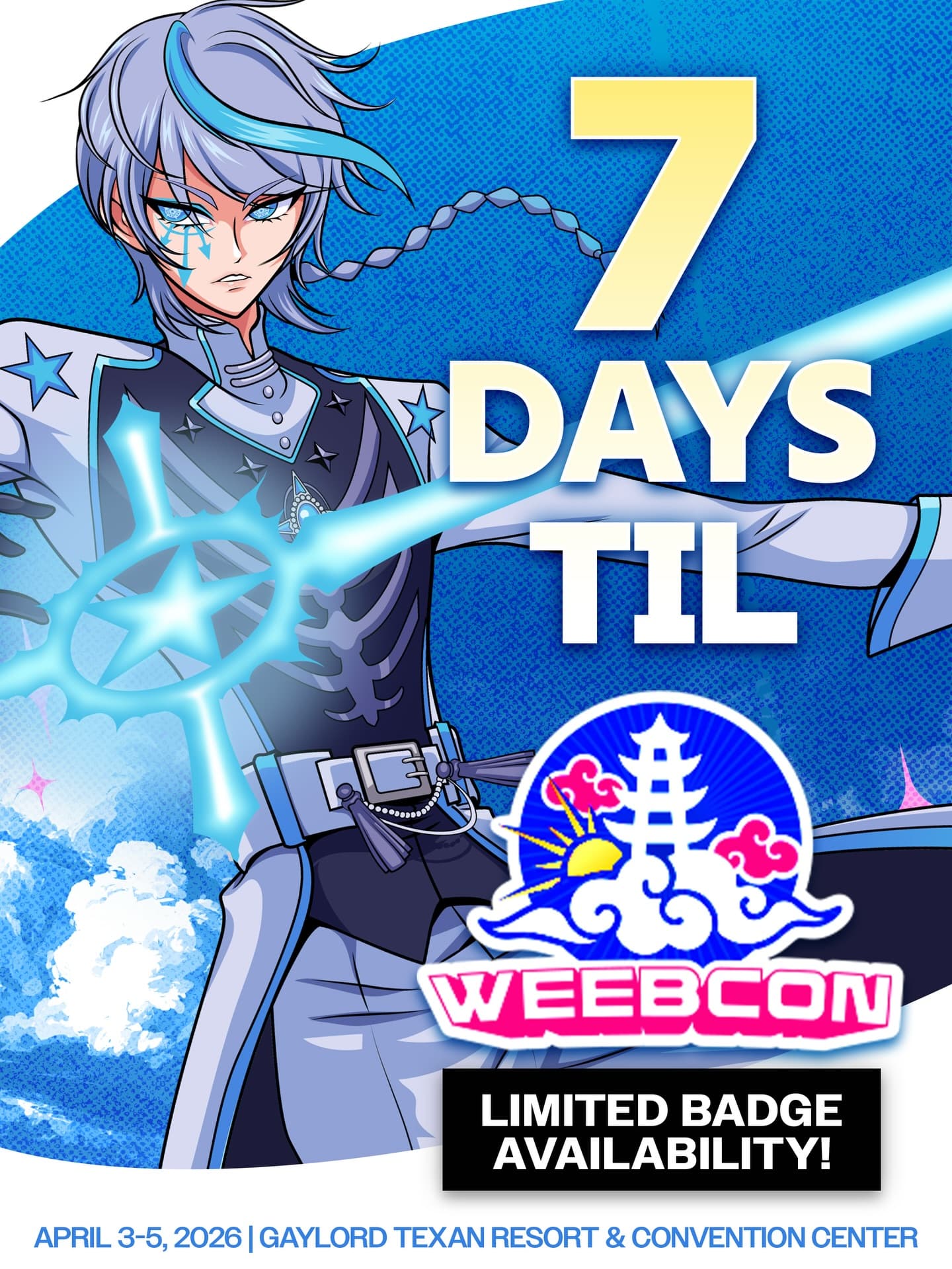 ⏰COUNTDOWN⏰
Only 7 days remaining until WeebCon 2026! 😳
Incredible line up of Voice Actors and Guests? ✅
Dope looking Badges and Lanyards? ✅
One of the most beautiful venues in Texas? ✅✅
Now all that’s missing is you getting your badge to-
⛅️WeebCon 2026⛅️