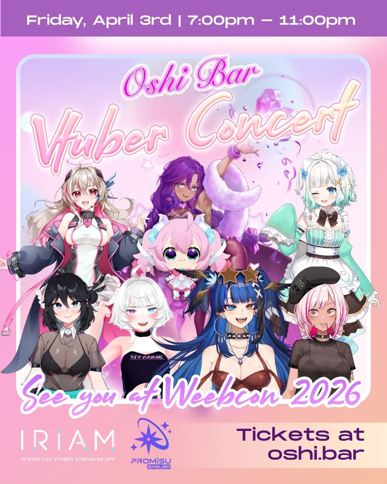 🎤 VTuber Concert 🎤
See your favorite Oshi’s during the day at our Oshi Lounge then watch them perform their music on our Main Stage at the VTuber Concert hosted by @theoshibar !
Tickets available on Oshi Bar’s link in bio. Event is 18+ & you must have a valid WeebCon Badge to enter!
Don’t miss this one night only event happening in t-minus FIVE DAYS!