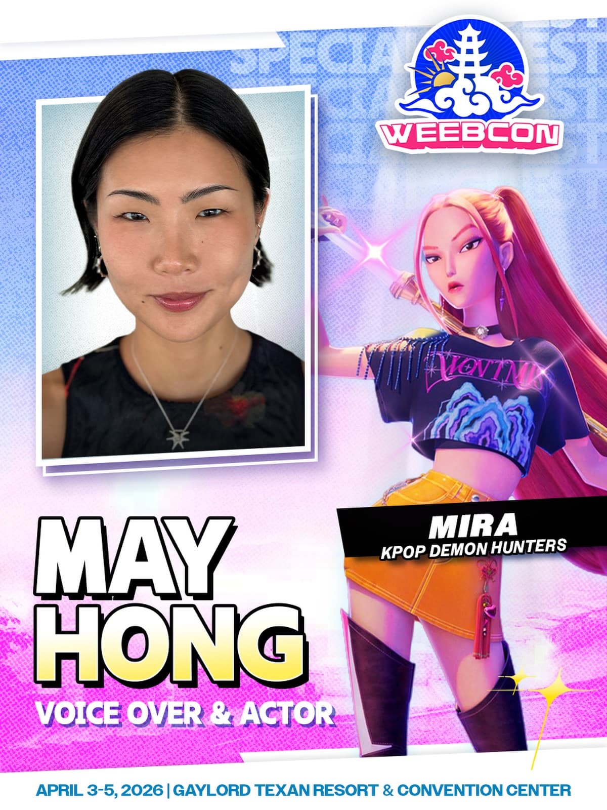 🌟WEEB RED CARPET🌟
I KNOW, I know I said we were done but… HUNTR/X most stylish member wants to come see y’all, and who are we to deny that?
May Hong has done several on screen appearances in shows like “Full Circle” on Max and “Tales of the City” on Netflix.
Currently she voice Mira in the STILL trending global sensation KPop Demon Hunters 🌟
Why’d you ignore the voice of reason stuck inside your head?
You should have bought your ticket early for WeebCon instead.
Show me your faction tee, come join the Weeb Party.
The Show your friends will like, this is what it sounds like-
🌥️WeebCon 2026🌥️